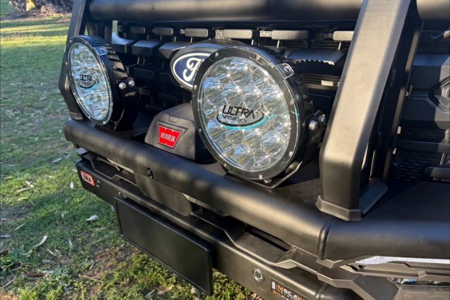 ARB bull bar, Warn winch and Ultravision Nitro driving lights — completed front-end fitout on Troy's 2026 Ford Super Duty by MBC 4X4 Solutions, Kangaroo Flat.