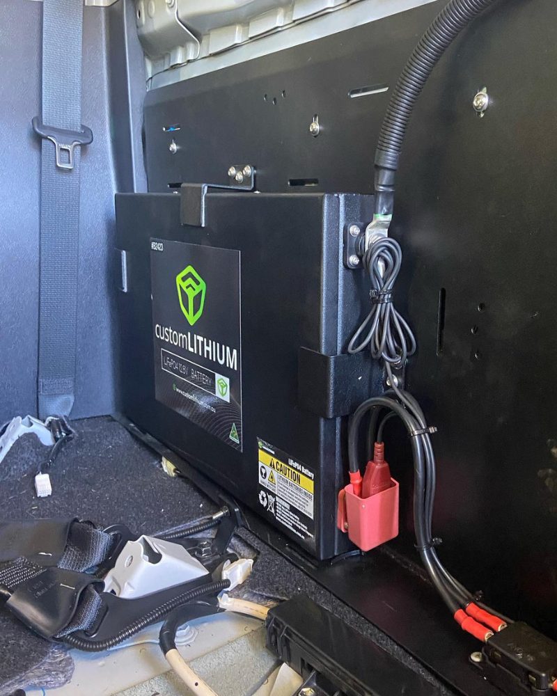 Custom Lithium LiFePO4 battery installed in a touring 4WD cargo area, wired up by MBC for a Heathcote customer.