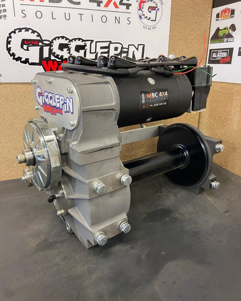 Bench-built Gigglepin Warrior Pulling Power competition winch with twin motors and control box, Official Gigglepin Agent Australia.