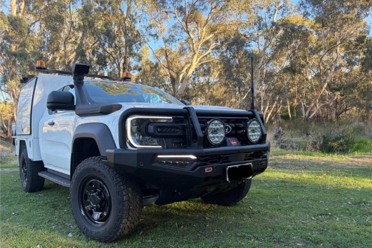 Ford Ranger XL with custom MBC bull bar, twin Ultravision spotties and snorkel — touring fitout for a Gornong customer.