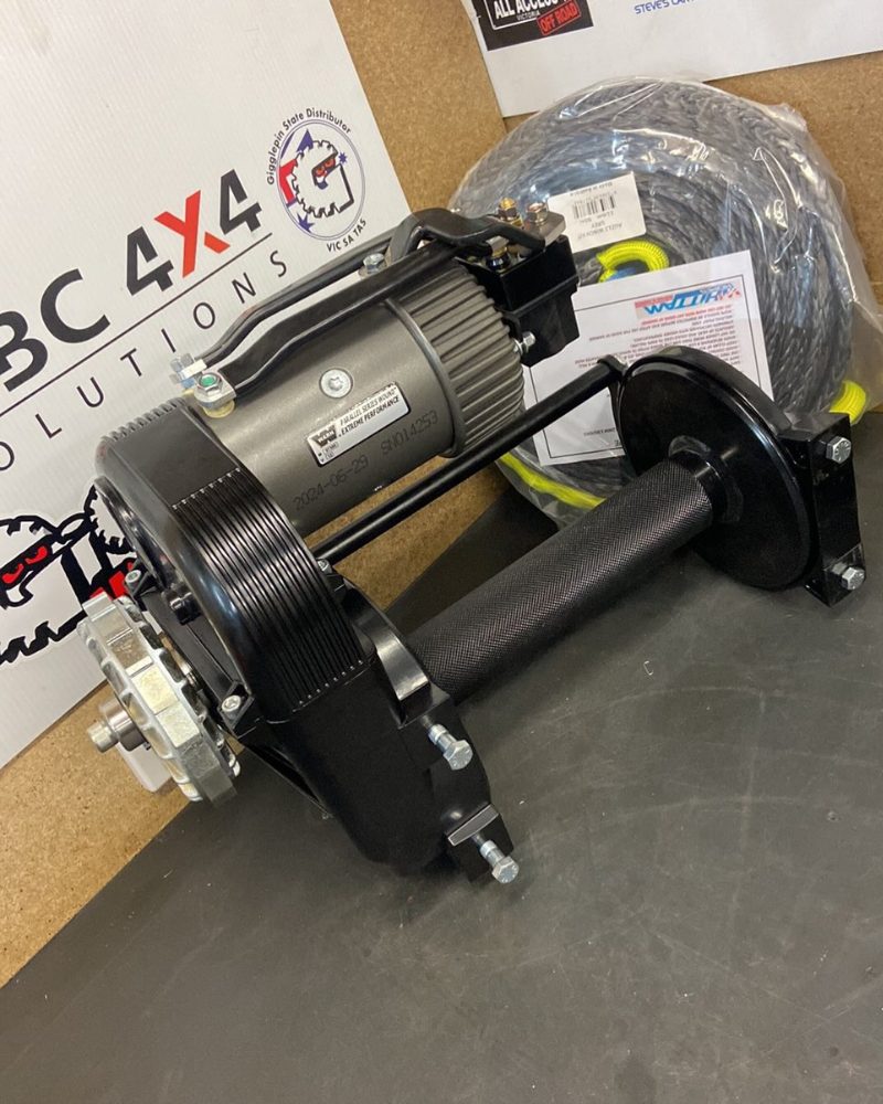 Custom Warn Highmount Winch built up on the MBC bench with control box and pulley assembly, Official Gigglepin Agent Victoria.