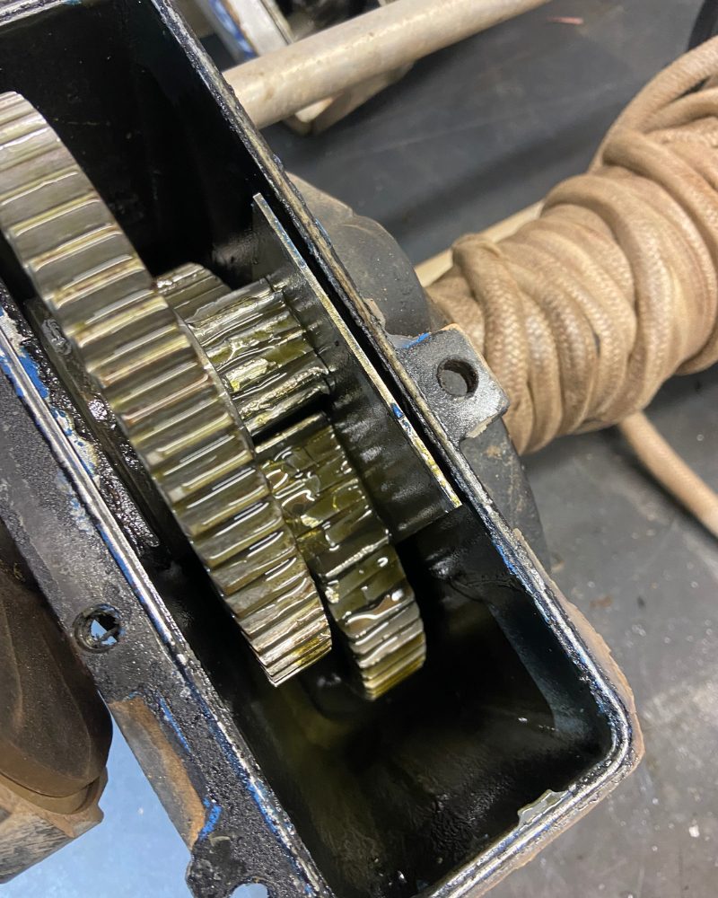 Warn high-mount winch brake shaft with broken teeth, most likely from excessive load, found during winch repairs at MBC 4X4 Solutions in Eaglehawk