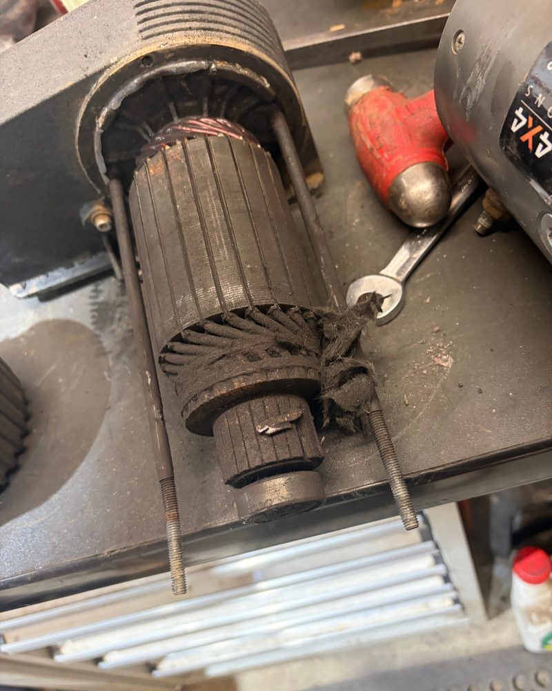 Unserviced Warn winch motor dismantled by MBC 4X4 Solutions in Bendigo, full of carbon brush dust with a broken motor component found inside
