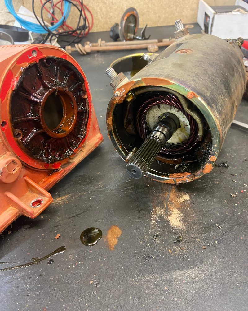 Warn winch motor showing oil ingression caused by incorrect assembly by a previous owner, found during a winch service at MBC 4X4 Solutions near Strathdale